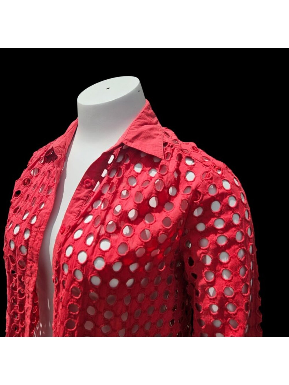 Adiva Red Eyelet Cutout Tunic Shirt Beach Coverup Roll Sleeve Size L - Picture 10 of 12
